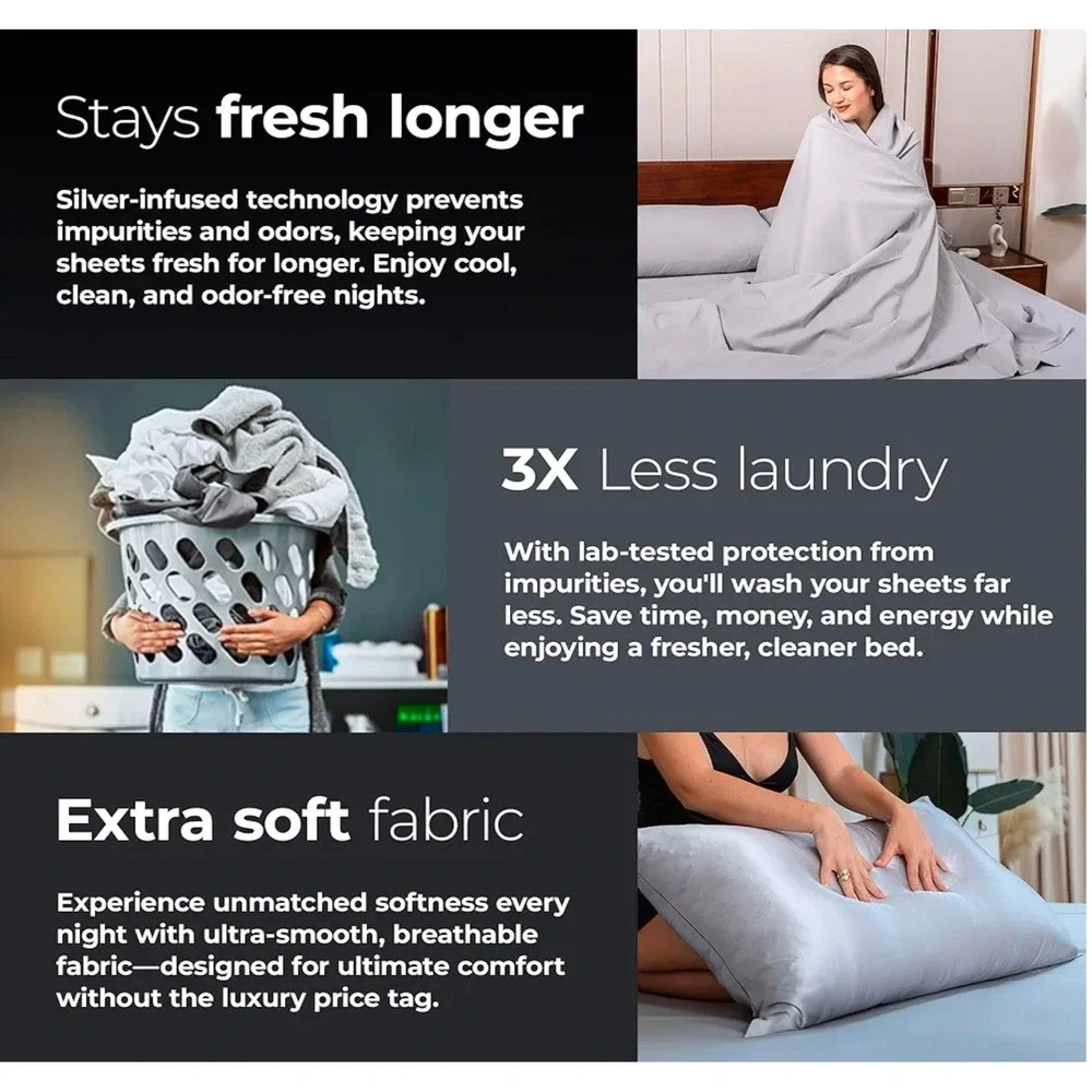 Silvery Bed Sheets Queen‎ Size Silver Infused Microfiber Soft Hypoallergenic